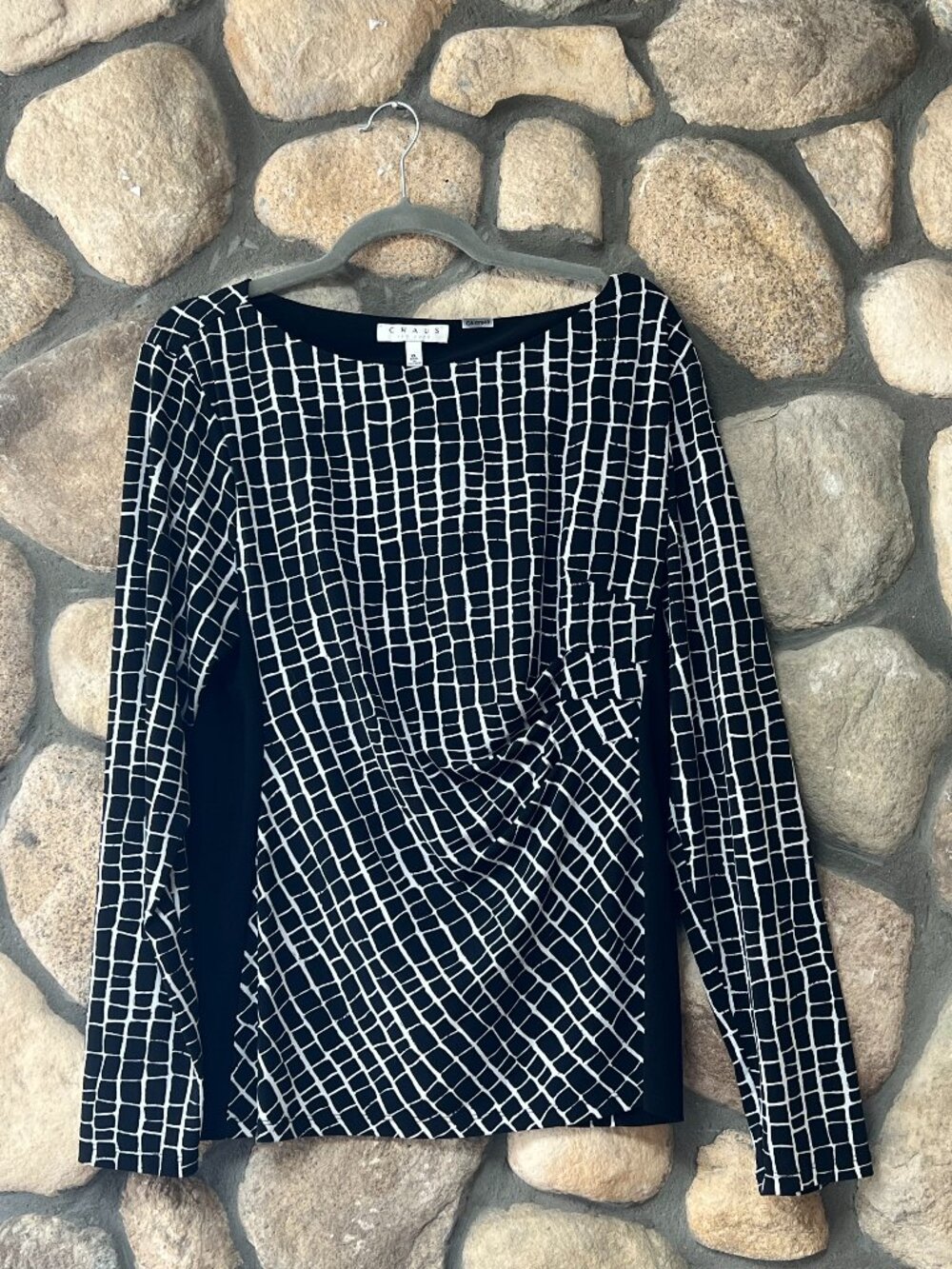Chaus New York Black White Geometric Print Ruched Top Women's XL Career Casual